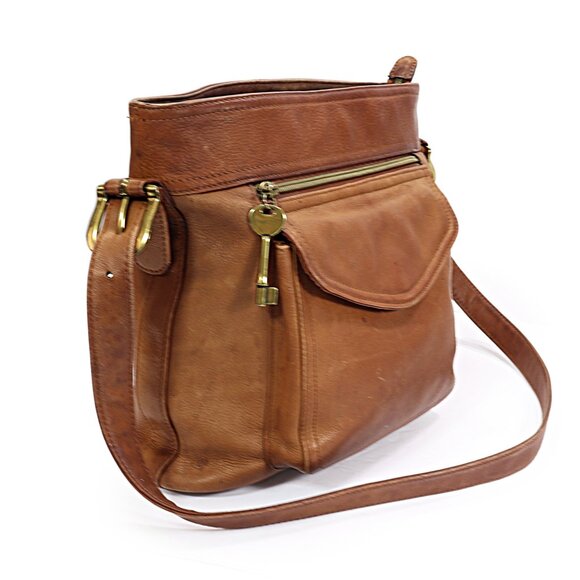 Fossil Brown Pebbled Leather Shoulder Bag Zip Closure Purse with Key Charm 75082 - Picture 5 of 12